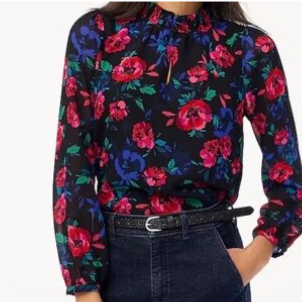 J. Crew Black Blouse with Red and Blue Floral Print